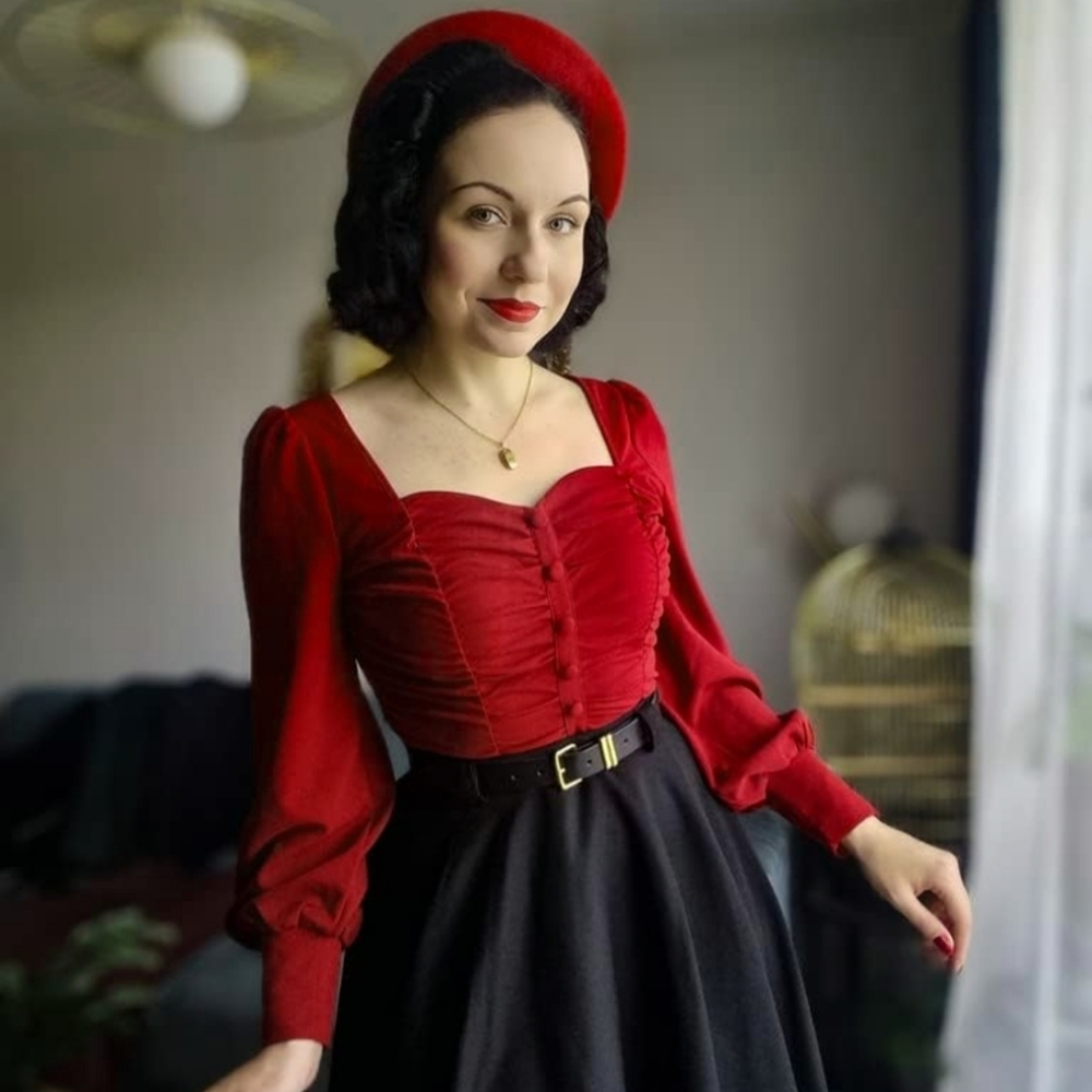 Red Belle Poque lantern sleeve peplum top